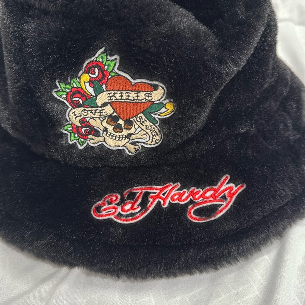 Ed Hardy Black Faux Fur Hat with Skull and Rose Embroidery